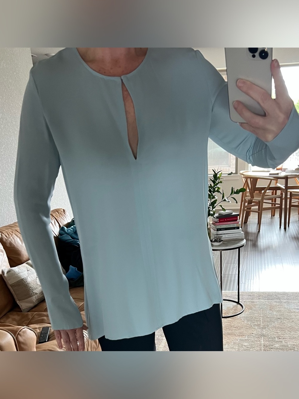 THEORY Light Blue Keyhole Long Sleeve Top